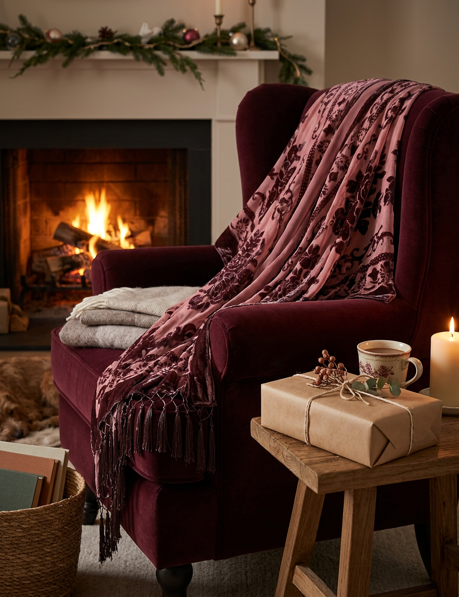 Kindle Shawl in a rose tone draped over a burgundy velvet armchair beside a glowing fireplace and a wrapped gift