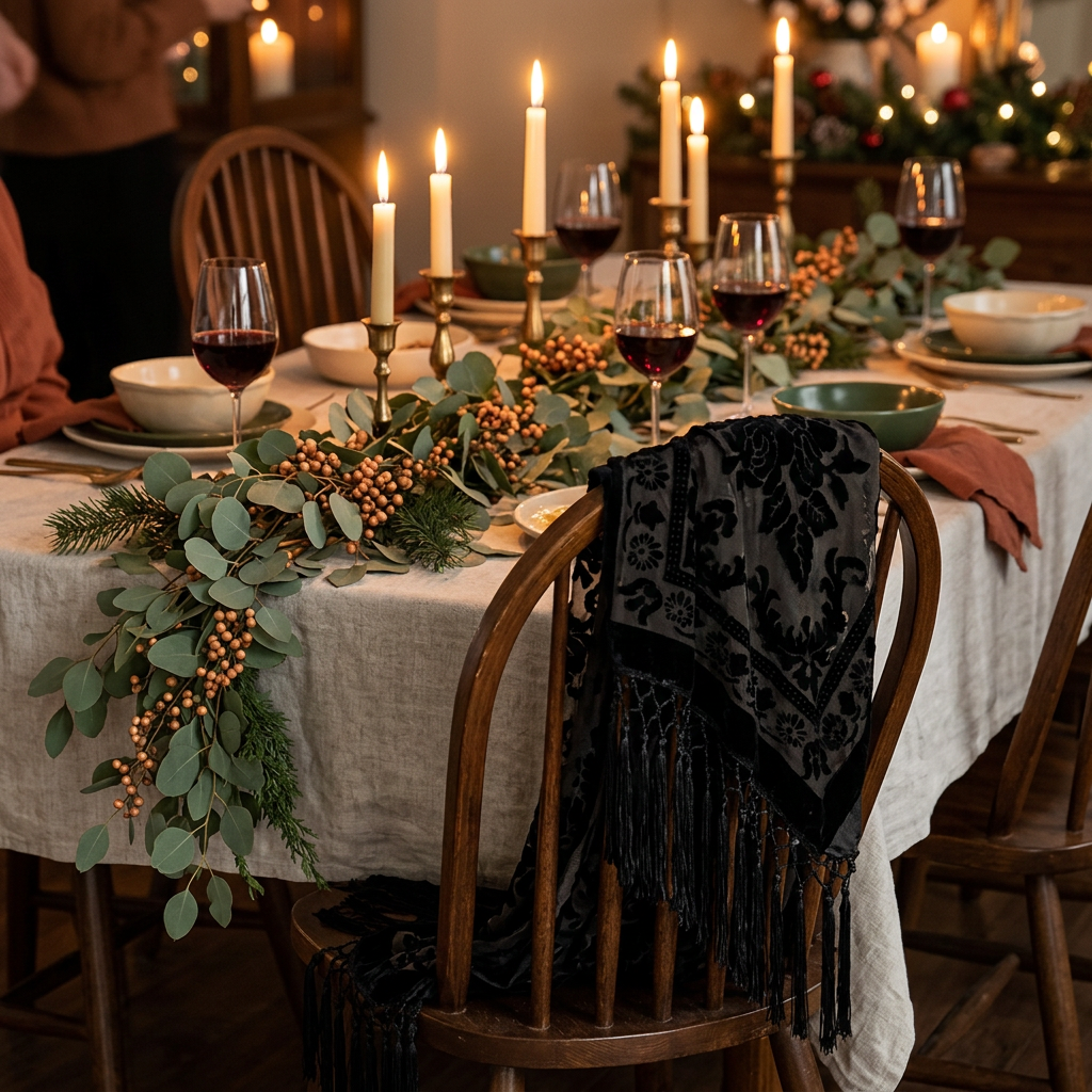 Kindle Shawl in Pepper draped over a dining chair at a candlelit holiday table with a eucalyptus garland
