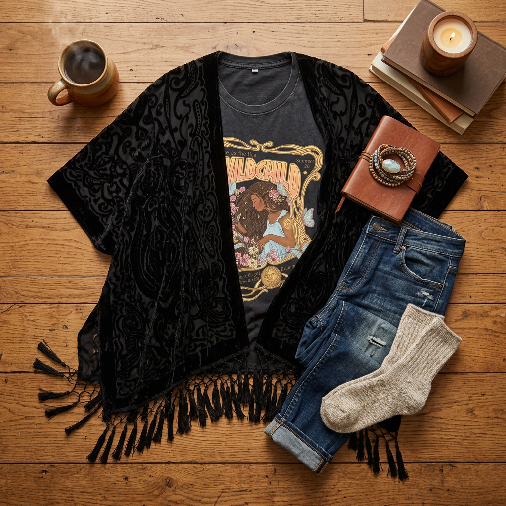 Overhead flat lay of the Kindle Shawl in Pepper with the Wild Child T-Shirt in Black, jeans, wool socks, coffee and a candle