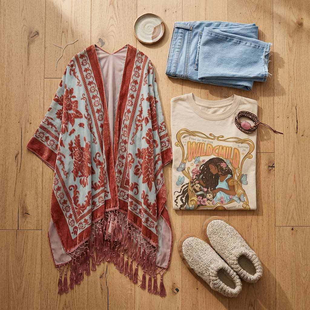 Overhead flat lay of the Kindle Shawl in Cayenne with the Wild Child T-Shirt in Sand, jeans and slippers