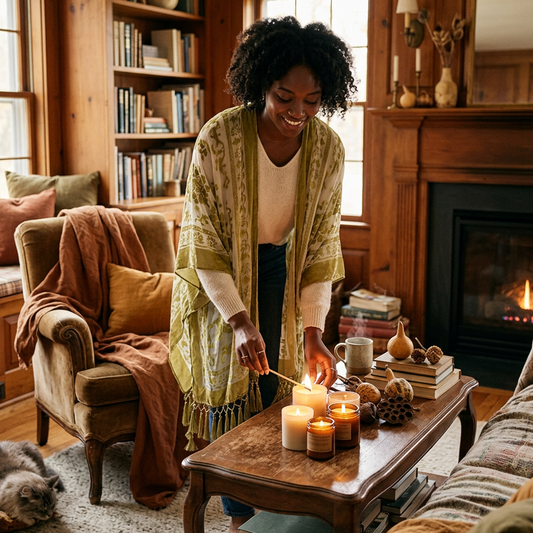 Woman in the Kindle Shawl in an olive tone lighting candles on a coffee table in a cozy living room by the fire