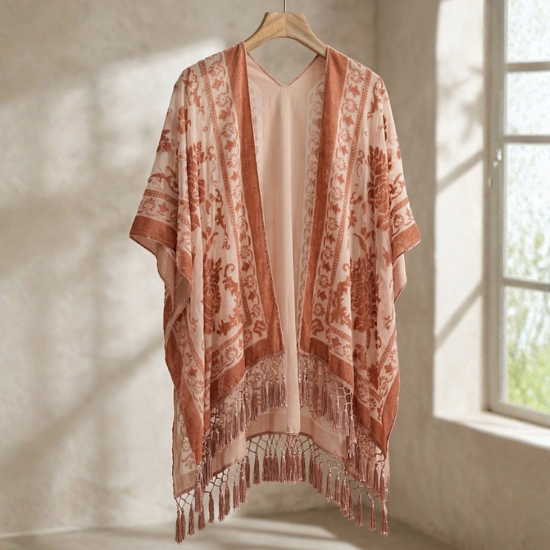 Kindle Shawl in a terracotta floral burnout velvet, hung on a wooden hanger against a sunlit plaster wall with soft window-light shadows.