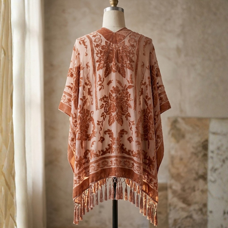 Kindle Shawl in terracotta floral burnout velvet displayed on a dress form, back view, near a curtained window and marble mantel.
