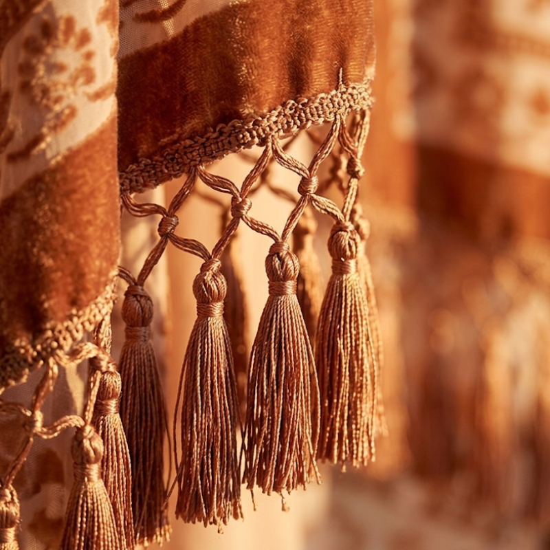 Close-up of the Kindle Shawl's macramé fringe and tassel trim in warm afternoon light.