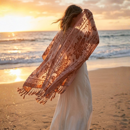 Model at the beach at sunset, back to camera, holding the Kindle Shawl up over her shoulders as it billows in the wind, ocean waves in the background.