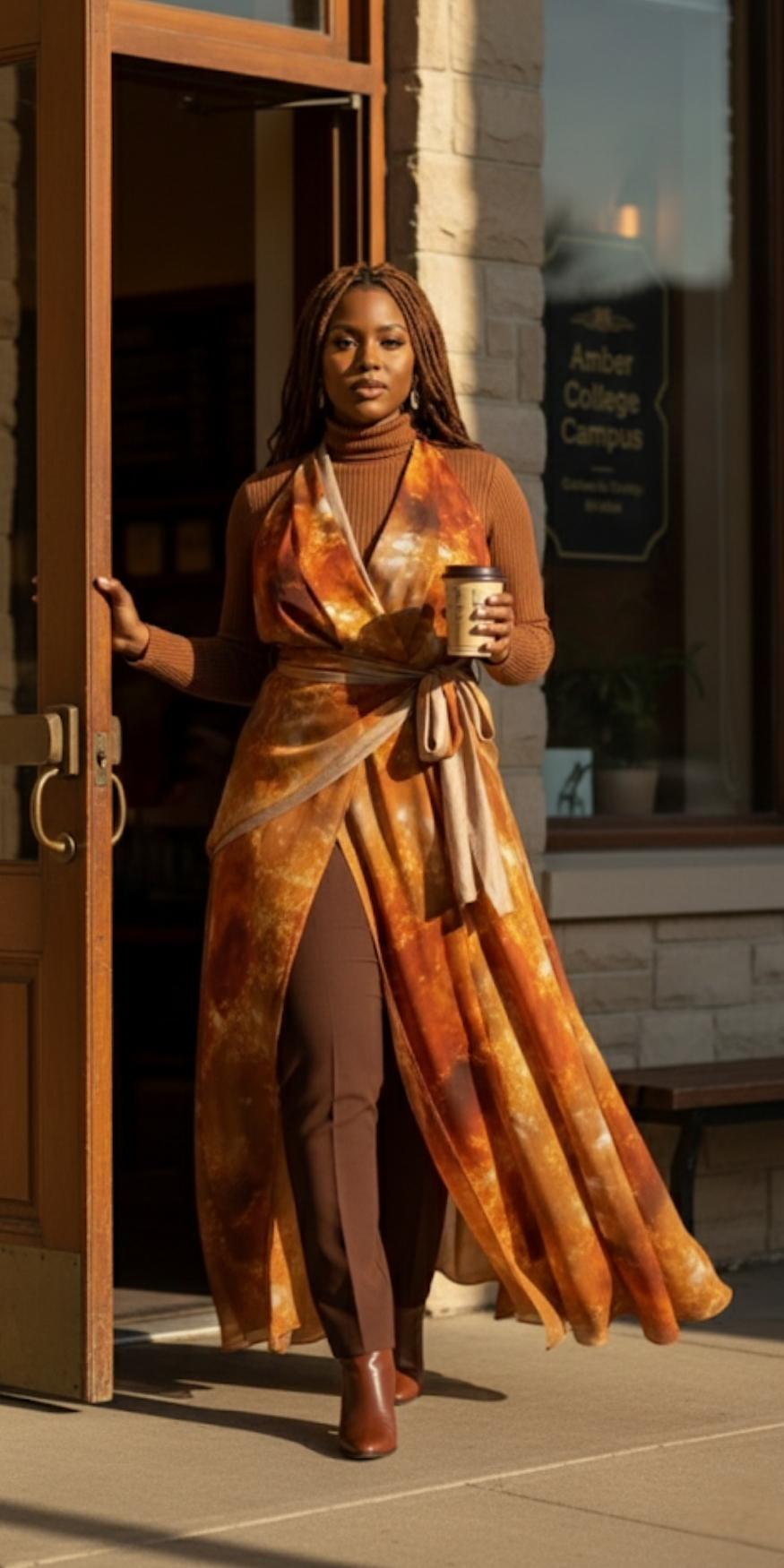 Woman in a long, patterned dress standing outside a building holding a drink.