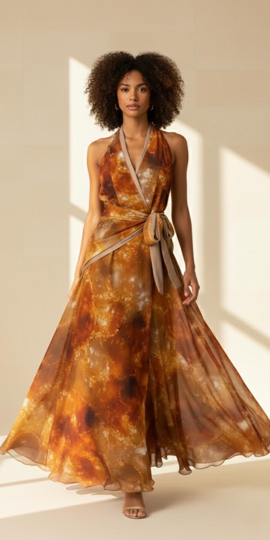 Woman wearing a long, patterned dress with a neutral background