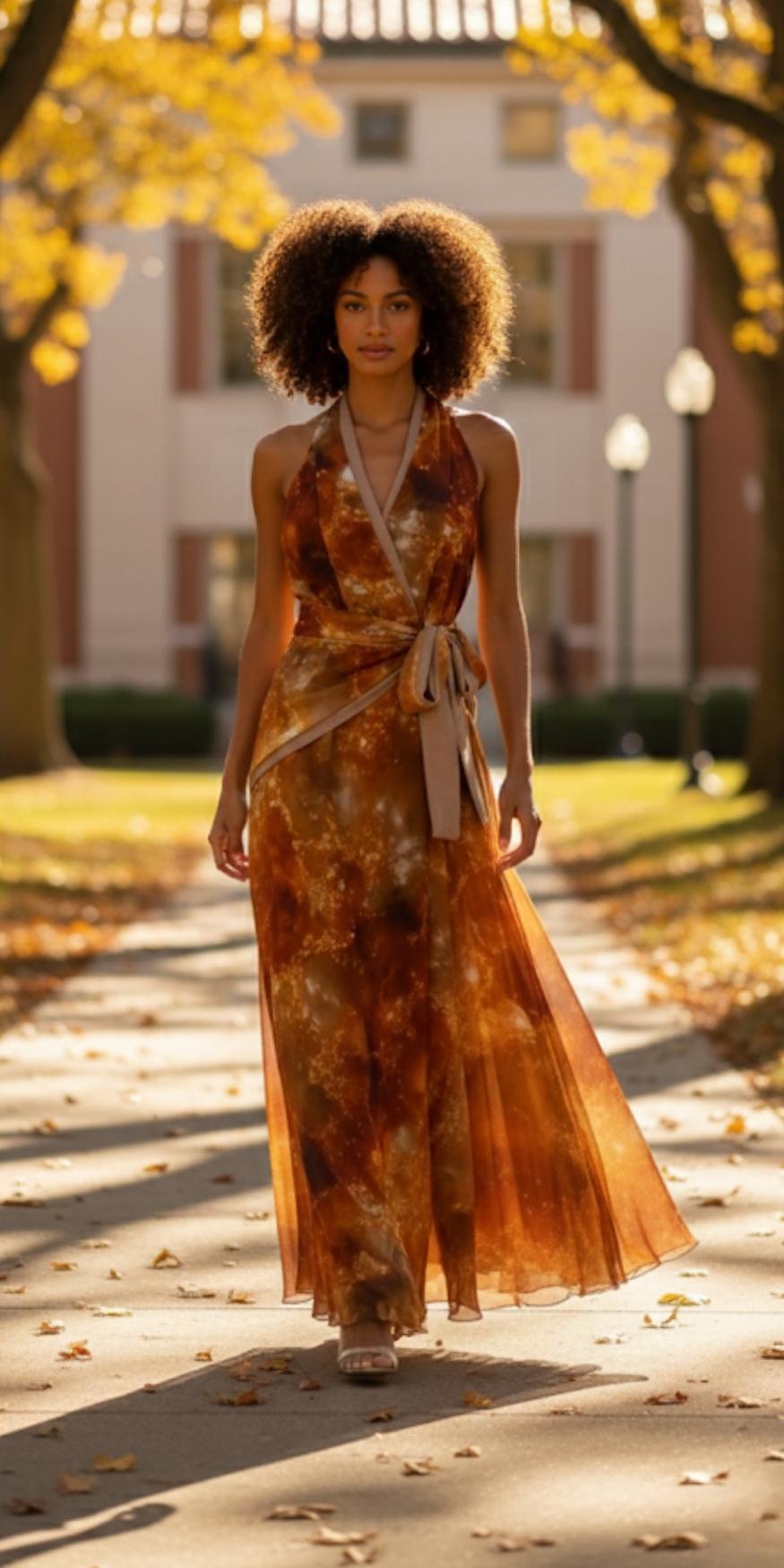 Woman in a long, patterned dress standing on a path with trees and a building in the background.