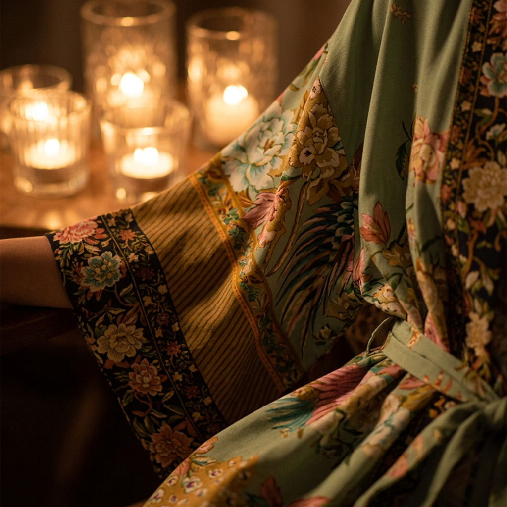 Close-up of the Nyma Kimono's floral rayon print and wide sleeve beside glowing glass candle holders