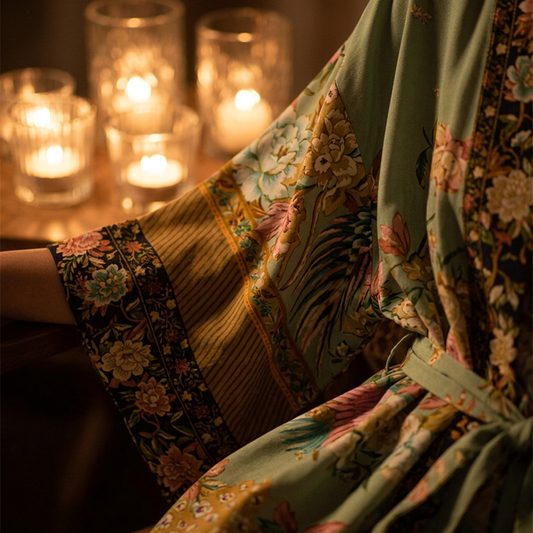 Close-up of the Nyma Kimono's floral rayon print and wide sleeve beside glowing glass candle holders