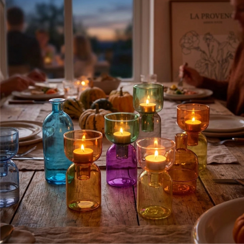 Pilla Candle Holders in Blue, Green, Purple, Brown, and Yellow stacked as a lit centerpiece down a wooden dinner table, autumn squash and diners blurred in the background at golden hour.