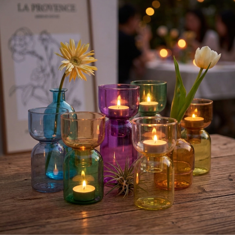 Pilla Candle Holders in Blue, Green, Purple, Brown, and Yellow lit with tealights as an evening tablescape centerpiece, styled with a tulip, a daisy, and an air plant, string lights glowing behind.