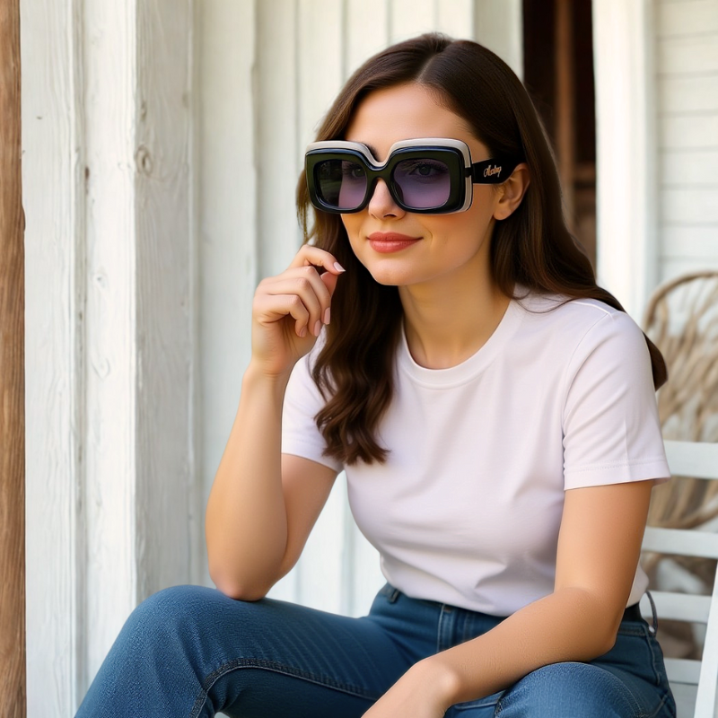 A model wearing Onyx Retro Shades sunglasses, a black and white frame with dark gradient lenses, sitting on a rustic white porch in a t-shirt and jeans.