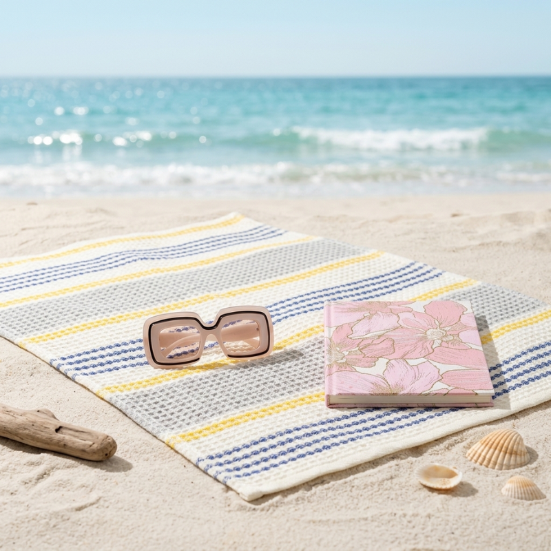 Champagne Retro Shades sunglasses resting on a striped beach towel in the sand, styled with a pink floral journal, seashells, and driftwood at the ocean's edge.