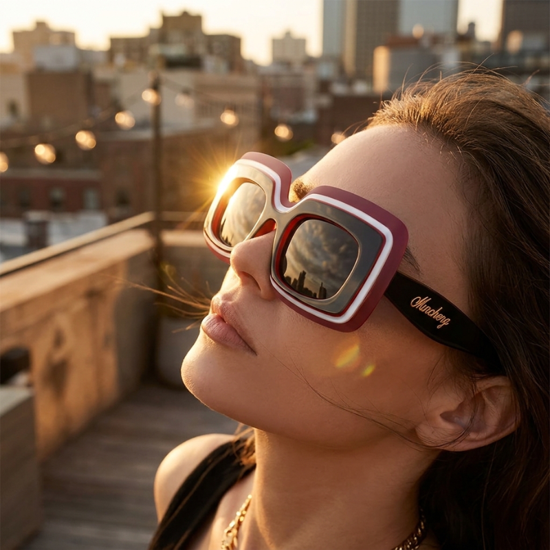 An Orchid Retro Shades sunglasses worn by a woman tilting her face toward the sunset on a city rooftop, mirrored lenses reflecting the skyline, string lights and buildings in the background.