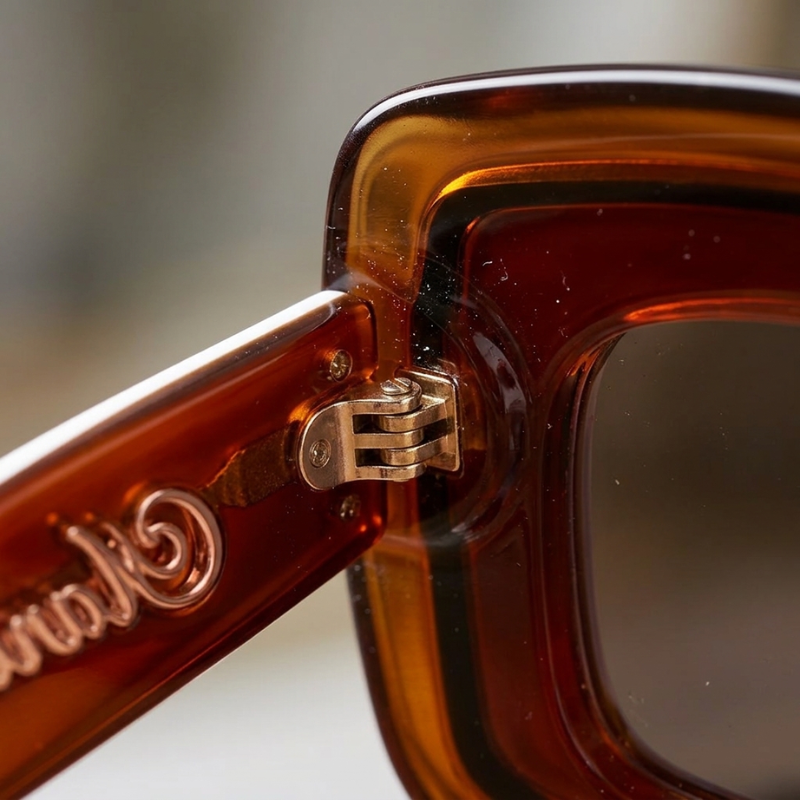 Close-up of a Leopard Retro Shades hinge and temple detail, showing the tortoiseshell pattern and gold-tone hardware.