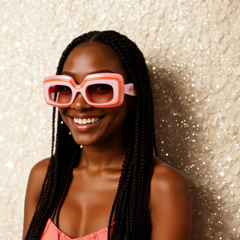 A smiling model with braids wearing Rose Quartz Retro Shades sunglasses in pink and coral with rose-tinted lenses, in front of a sparkling gold glitter backdrop.