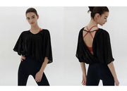 Veda Butterfly Top from Shop the Kei -  front and back view of the black color option loose fitting soft and casual activewear top with short sleeves