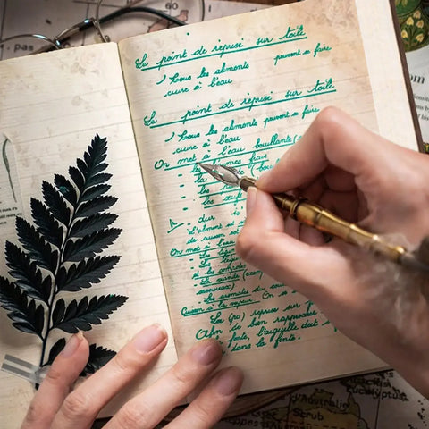 Hand writing in a notebook with a quill pen, surrounded by nature-themed elements.