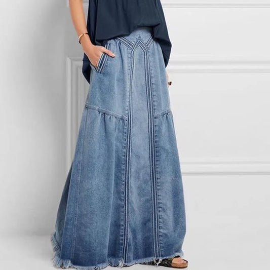 Vita Denim Maxi Skirt from Shop the Kei - - aline denim maxi skirt with elastic waistband and frayed hem, designed with pockets and angular seam details. Pairs well with a flowy top and sandals