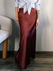 Bela Satin Maxi Skirt from Shop the Kei - front view - satin maxi skirt with drawstring waist and flare hem.