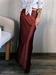 Bela Satin Maxi Skirt from Shop the Kei - front view - satin maxi skirt with drawstring waist and flare hem. Elegant date night skirt pairs well with black heels