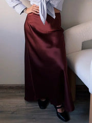 Bela Satin Maxi Skirt from Shop the Kei - satin maxi skirt with drawstring waist and flare hem. Cute date night skirt pairs well with button up shirt