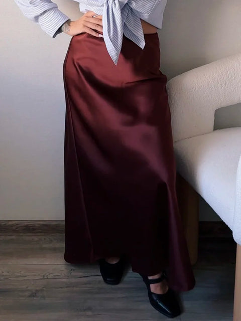 Bela Satin Maxi Skirt from Shop the Kei - satin maxi skirt with drawstring waist and flare hem. Cute date night skirt pairs well with button up shirt