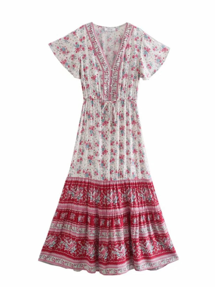 Birdie Summer Midi Dress from Shop the Kei - front view of a red color option flower print bohemian styled dress on white background