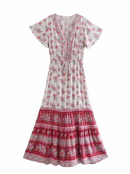 Birdie Summer Midi Dress from Shop the Kei - front view of a red color option flower print bohemian styled dress on white background