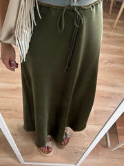 Bela Satin Maxi Skirt from Shop the Kei - close up of drawstring waistband and satin textile texture