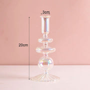 Roma Glass candlestick holder by Shop the Kei home treasure collection in clear iridescent. Flute top stacked 2-disks and bubble with scallop base modern-style blown glass candlestick holder dimensions 3cm X 20cm