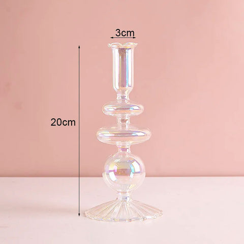 Roma Glass candlestick holder by Shop the Kei home treasure collection in clear iridescent. Flute top stacked 2-disks and bubble with scallop base modern-style blown glass candlestick holder dimensions 3cm X 20cm