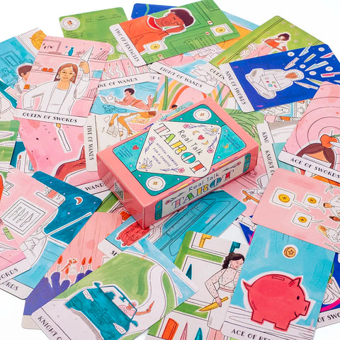 Collection of tarot cards with colorful designs and a pink box labeled 'Tarot' on a white background.