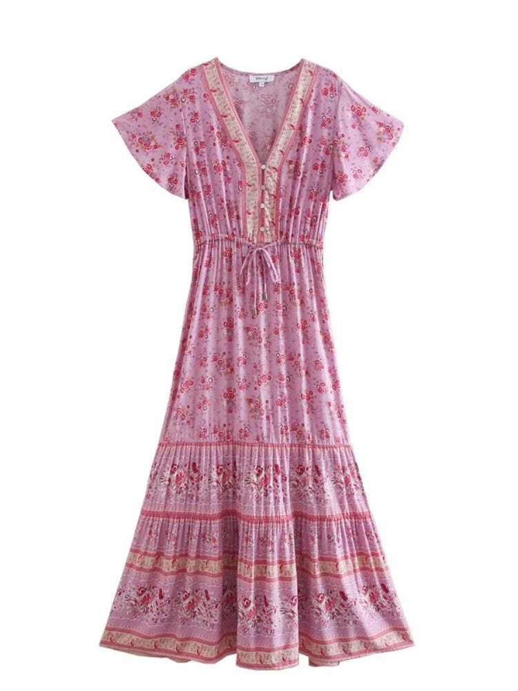 Birdie Summer Midi Dress from Shop the Kei - front view of a pink color option flower print bohemian styled dress on white background