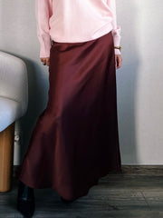 Bela Satin Maxi Skirt from Shop the Kei - flowing satin maxi skirt with drawstring waist and flare hem. Pairs well with a pretty sweater