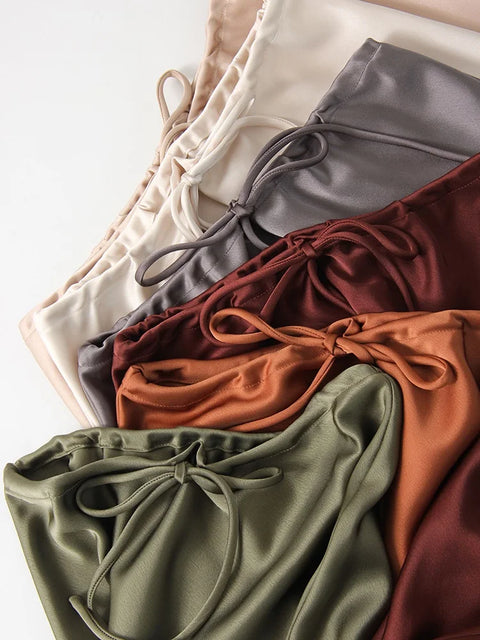 Bela Satin Maxi Skirt from Shop the Kei - waist view - available in rich earth tones: ivory, white, gray, dark red, orange, and green
