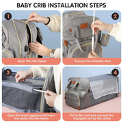 Gray Lotus 3-in-1 Bassinet Diaper Bag backpack 4-step instructions for installing the bassinet feature. Open the crib zipper. Connect the foldable stick. Open tracks and insert the sticks into tracks. Lay changing pad and attach the mosquito net by velcro.