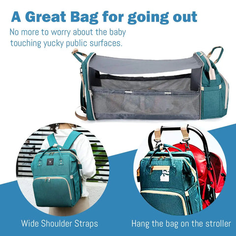 Green baby diaper backpack shown in multiple views: fully extended bassinet with baby inside, wide shoulder straps worn on a woman's back, hooked onto stroller handle with additional straps. Lotus 3-in-1 bassinet diaper bag travel system with partial canopy