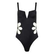 Retro-inspired Gabby One-Piece Swimsuit in black from Shop the Kei swim collection. Tank top with split neckline, side cut outs, and o-rings. Full coverage bottom and high cut legs