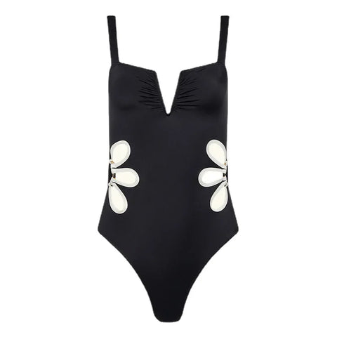 Retro-inspired Gabby One-Piece Swimsuit in black from Shop the Kei swim collection. Tank top with split neckline, side cut outs, and o-rings. Full coverage bottom and high cut legs