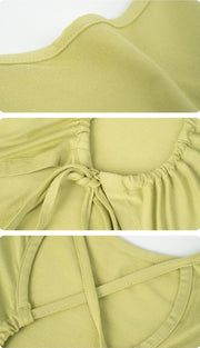 Eden Seamless Cross Back Top from Shop the Kei - close up view of the soft breathable textile and texture, adjustable straps, and the drawstring detail