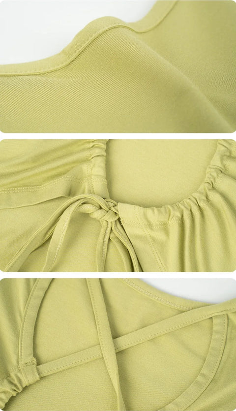 Eden Seamless Cross Back Top from Shop the Kei - close up view of the soft breathable textile and texture, adjustable straps, and the drawstring detail