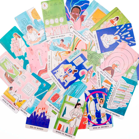 Collection of tarot cards with colorful illustrations on a white background