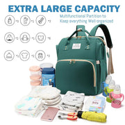 Green Lotus 3-in-1 Bassinet Diaper Bag backpack large capacity shows how much can be easily stored in the bag. Includes formula, baby food containers, bottles, diapers, clothing, electronic devices wipes, and utensils