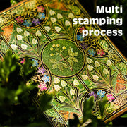 Decorative box with intricate floral patterns and text 'Multi stamping process' on a green background.