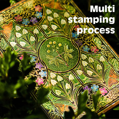 Decorative box with intricate floral patterns and text 'Multi stamping process' on a green background.