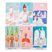 Set of tarot cards with illustrations and text labels on a white background