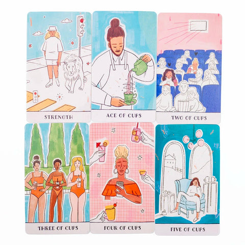 Set of tarot cards with illustrations and text labels on a white background