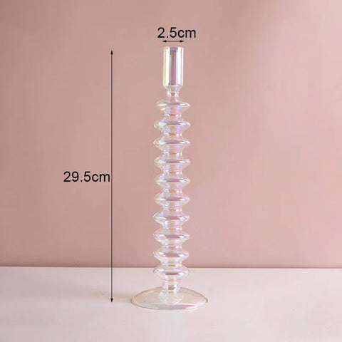Roma Glass candlestick holder by Shop the Kei home treasure collection in clear iridescent. Stacked 10-saucer and slope base modern-style blown glass candlestick holder dimensions 2.5cm X 29.5cm X 9cm